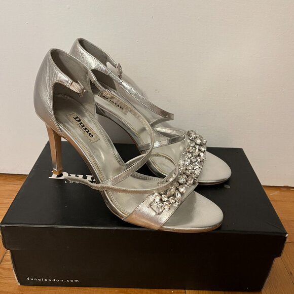 Silver Leather Strappy Heels | Size 39 | Rhinestone Glam Sandals - Picture 5 of 10